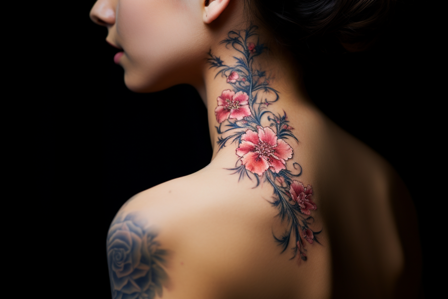 Kolorowy tatuaż na boku szyi przedstawia kwiaty