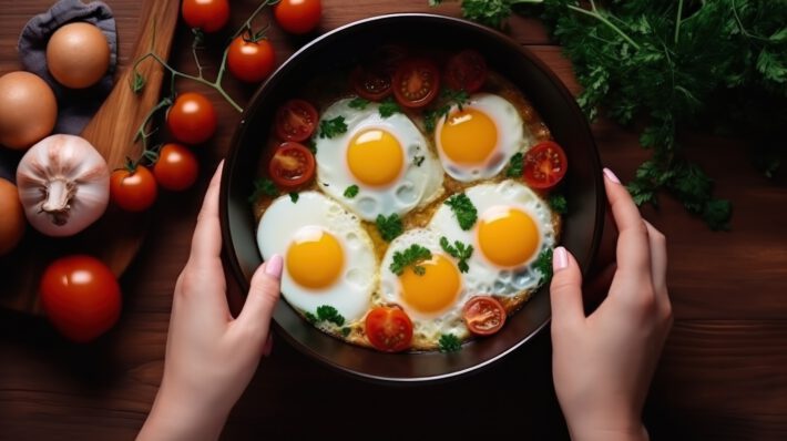 Na tym apetycznym obrazku widzimy lekkostrawną kolację z jajkiem w postaci smakowitej szakszuki. Kolorowe warzywa, takie jak pomidory, ogórki i papryka, zostały delikatnie połączone z jajkami, tworząc wyśmienite danie pełne świeżości i smaku. Ta lekka potrawa jest nie tylko atrakcyjna wizualnie, ale również idealna dla tych, którzy poszukują zdrowych i sycących opcji na kolację