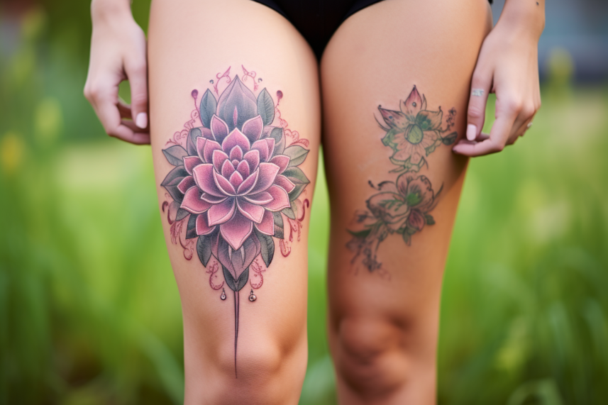Kolorowy tatuaż na udzie młodej kobiety, łączący elementy mandali i kwiatu lotosu. Mandala jest skomplikowanym, geometrycznym wzorem złożonym z koncentrycznych okręgów i różnorodnych kształtów, takich jak trójkąty, kwadraty i petale, które emanują od centralnego punktu. W sercu mandali znajduje się kwiat lotosu w odcieniu różu, bogato detaliczny, z różowymi płatkami rozwijającymi się ku zewnątrz. Tatuaż jest wykonany z precyzyjnymi liniami i cieniowaniem, co dodaje głębokości i dynamiki kompozycji. Całość prezentuje harmonię i równowagę, symbolizując zarówno duchową ścieżkę jak i piękno naturalne