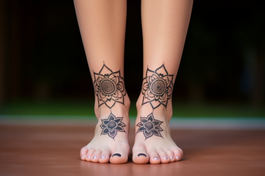 Tatuaż mandali na kobiecej stopie