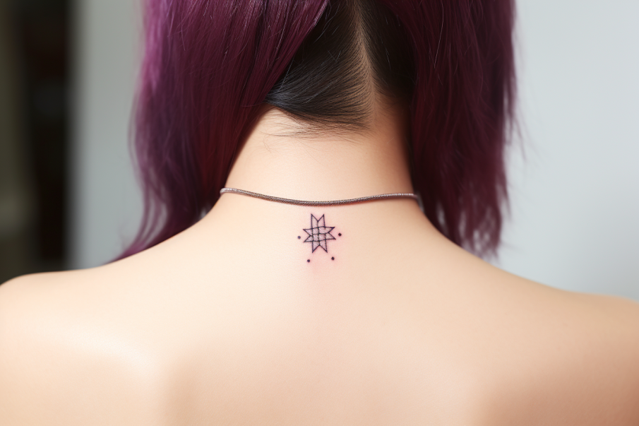 Mały tatuaż gwiazd na szyi u kobiety jako symbol wieczności
