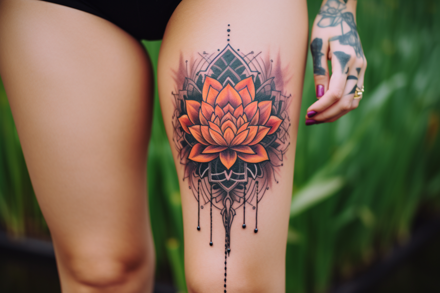 Kolorowy tatuaż na udzie młodej kobiety, łączący elementy mandali i kwiatu lotosu. Mandala jest skomplikowanym, geometrycznym wzorem złożonym z koncentrycznych okręgów i różnorodnych kształtów, takich jak trójkąty, kwadraty i petale, które emanują od centralnego punktu. Kwiat lotosu, umieszczony w sercu mandali, jest bogato detaliczny, z różowymi i fioletowymi płatkami rozwijającymi się ku zewnątrz. Tatuaż jest wykonany z precyzyjnymi liniami i cieniowaniem, co dodaje głębokości i dynamiki kompozycji. Całość prezentuje harmonię i równowagę, symbolizując zarówno duchową ścieżkę jak i piękno naturalne