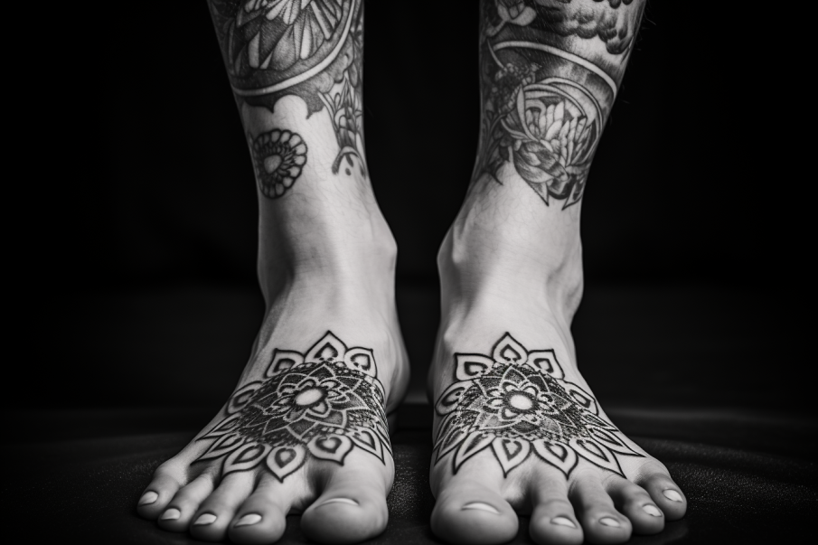 Tatuaż mandala na obu stopach męskich