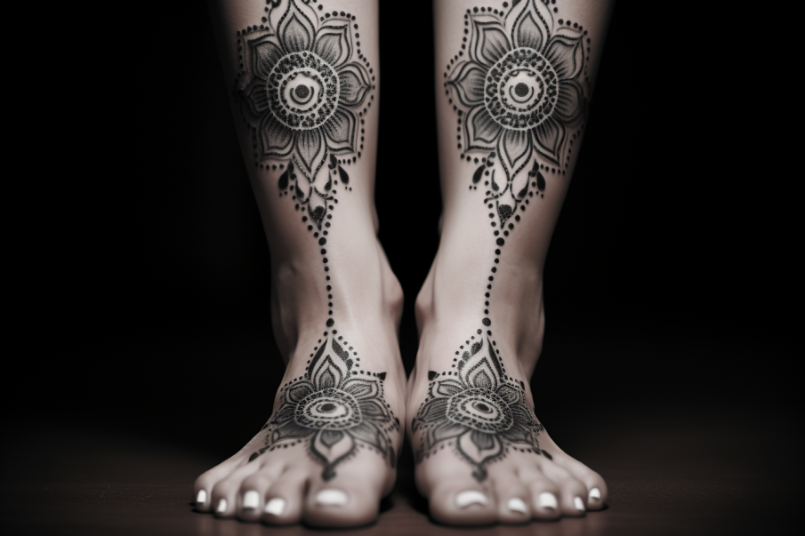 Duże rozciągający się tatuaż na stopie