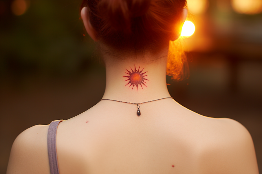 Tatuaż słońca na szyi młodej kobiety