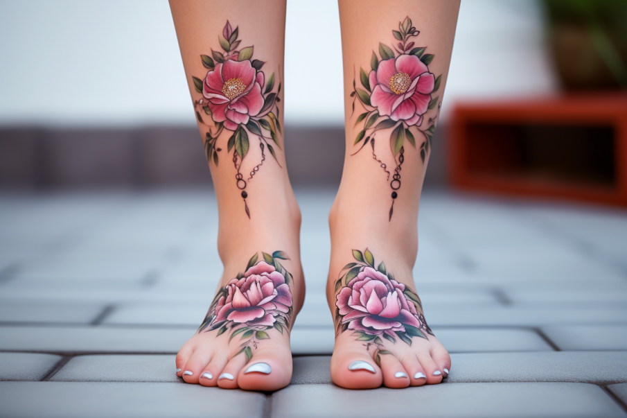 Róże wytatuowane na stopach kobiety