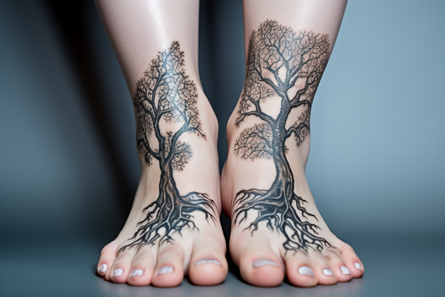 Tatuaż na obu stopach przedstawia drzewo i jego korzenie