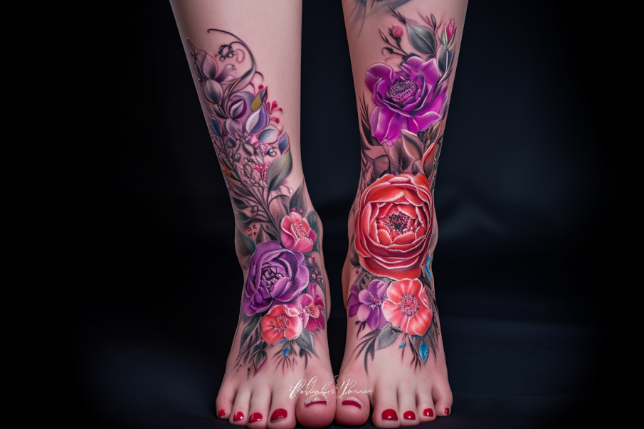Dziewczyna z wytatuowanymi kolorowymi kwiatami na stopach
