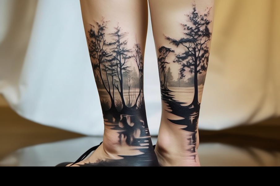 Tatuaż drzew przedstawia bagna. Tatuaż wykonany jest na stopach