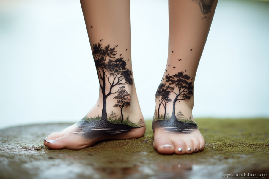 Tatuaże drzew na stopach z zielonymi kwiatami