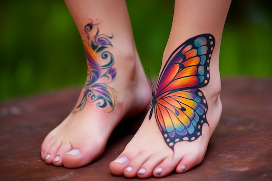 Tatuaż motyl w kolorze na stopie kobiety
