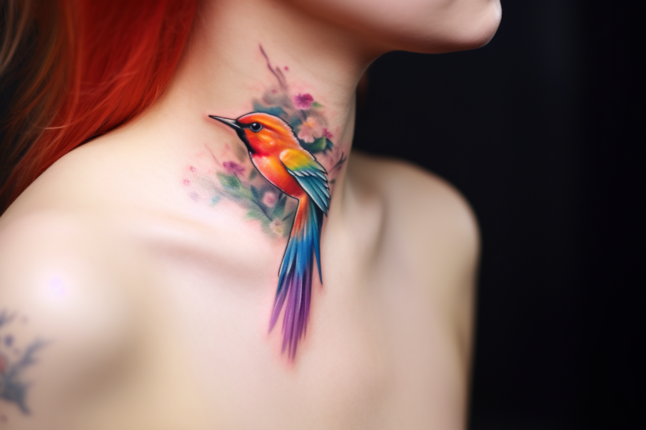Tatuaż kolorowy ptak na szyi kobiety