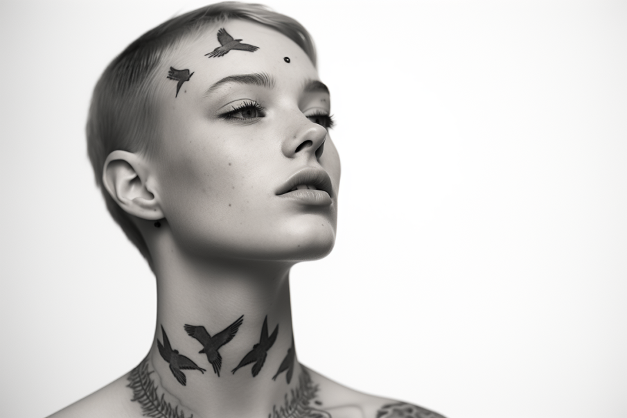 Ptaki na szyi młodej kobiety przedstawiają tatuaż w ruchu