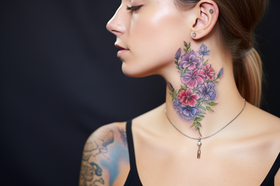 Kolorowe kwiaty na szyi kobiety