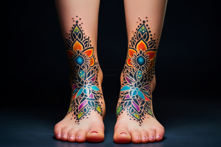 Tatuaż na stopach kolorowy ciągnący się na łydki