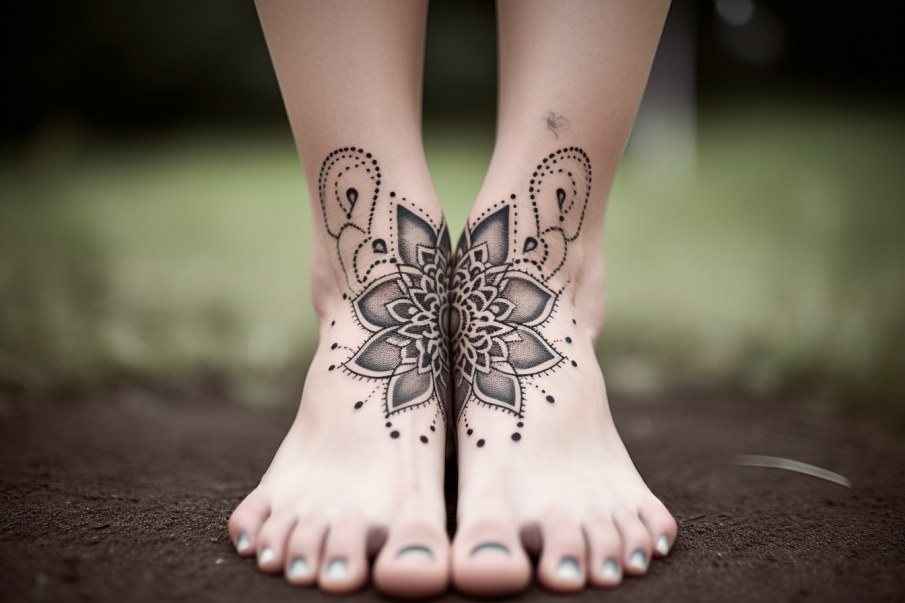 Tatuaż mandali na stopie wykonany czarnym tuszem