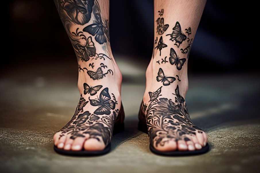 Czarny tatuaż motyli na stopach