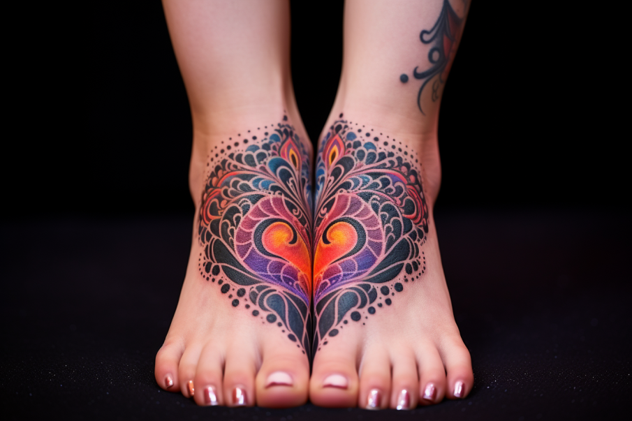 Tatuaż serce na dwóch stopach łączy się