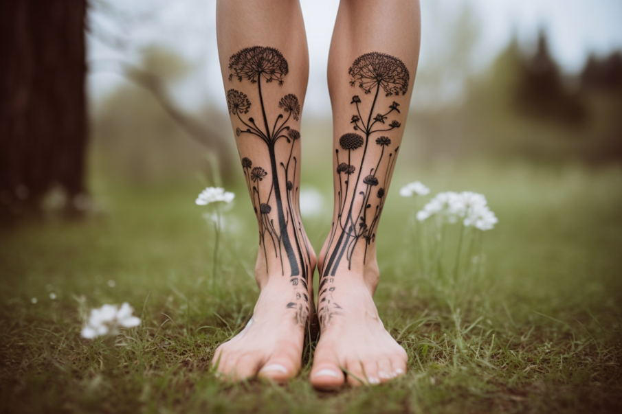 Tatuaż na przodzie nóg przedstawia dmuchawce