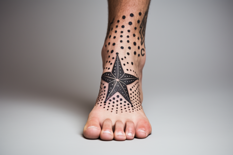 Tatuaż gwiazda na stopie męskiej