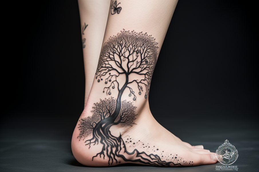 Tatuaż na boku stopy wykonany w formie drzewa bez liści
