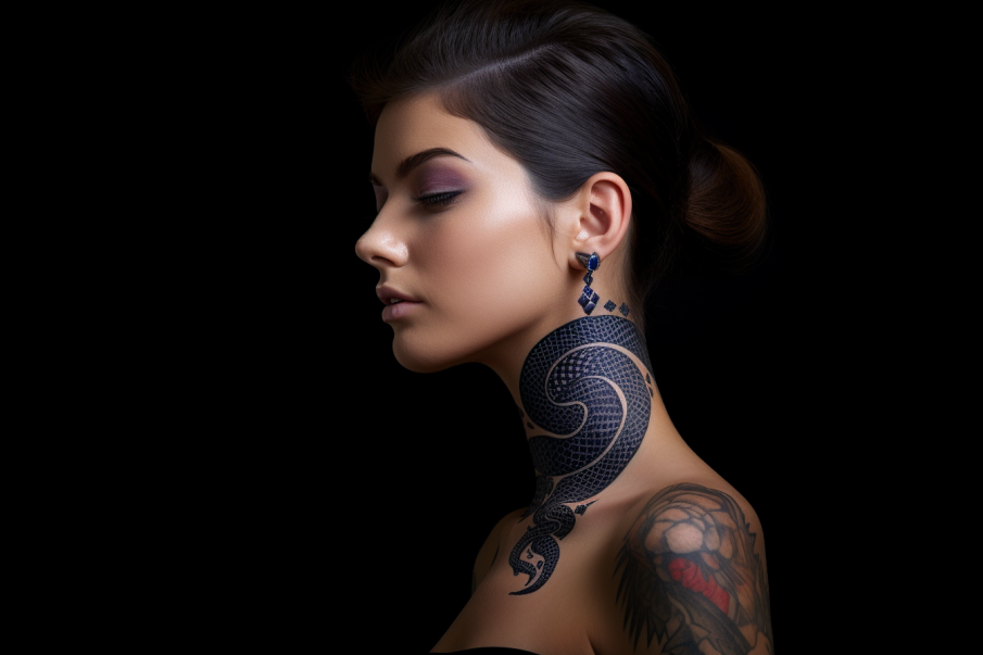 Duży tatuaż węża na szyi kobiety wykonany czarnym tuszem