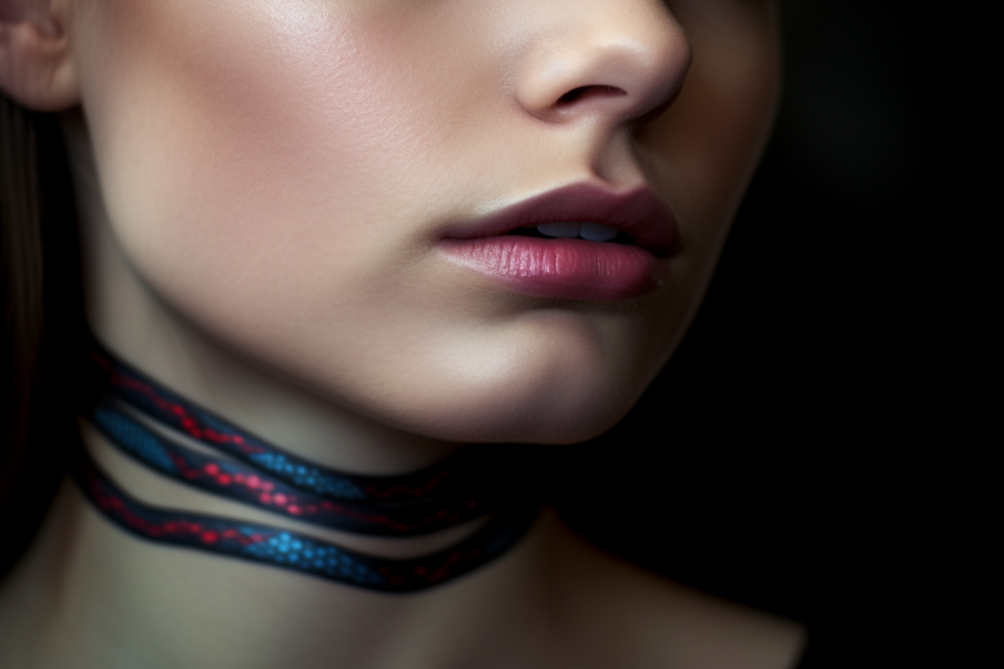 Tatuaż wąż na szyi młodej kobiety wykonany w kolorze