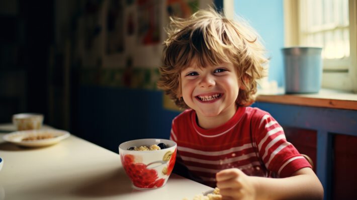 Na tym uroczym obrazku widzimy dziecko, które z apetytem delektuje się lekkostrawnym śniadaniem. Świeże owoce, delikatne płatki i jogurt tworzą kolorowy i zdrowy zestaw, który dostarcza nie tylko smaku, ale także wartości odżywczych. Dziecko radośnie się uśmiecha, ciesząc się z pysznego i pożywnego posiłku, który zapewnia mu energię na cały dzień