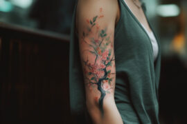 Na ramieniu osoby widoczne jest artystyczne przedstawienie kwitnącej wiśni w formie tatuażu, z delikatnymi różowymi kwiatami rozkwitającymi wzdłuż ciemnego drzewa