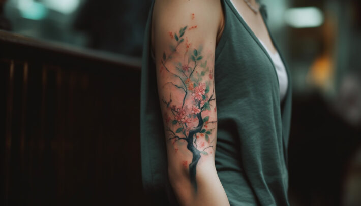 Na ramieniu osoby widoczne jest artystyczne przedstawienie kwitnącej wiśni w formie tatuażu, z delikatnymi różowymi kwiatami rozkwitającymi wzdłuż ciemnego drzewa