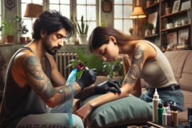 Tatuażysta skupia się na swojej pracy, delikatnie wprawiając igłę w skórę kobiety, która cierpliwie znosi proces tworzenia tatuażu na swoim ramieniu. Oboje mają już na swojej skórze wyraźne wzory; u mężczyzny widać tatuaże na ramionach, a u kobiety rozległy tatuaż zdobi jej ramię i obojczyk. Wokół nich roztacza się przytulne pomieszczenie, wydające się być domowym studiem tatuażu, pełne roślin, książek i przedmiotów, które nadają mu osobisty charakter. Stół przed nimi wyłożony jest kolorowymi butelkami z tuszem oraz innymi narzędziami niezbędnymi do sztuki tatuowania