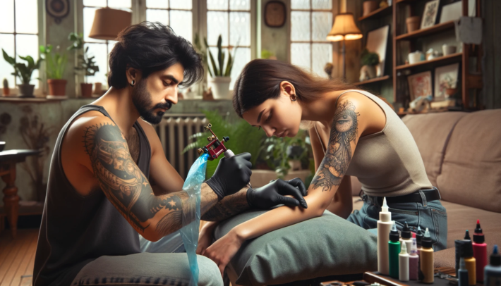 Tatuażysta skupia się na swojej pracy, delikatnie wprawiając igłę w skórę kobiety, która cierpliwie znosi proces tworzenia tatuażu na swoim ramieniu. Oboje mają już na swojej skórze wyraźne wzory; u mężczyzny widać tatuaże na ramionach, a u kobiety rozległy tatuaż zdobi jej ramię i obojczyk. Wokół nich roztacza się przytulne pomieszczenie, wydające się być domowym studiem tatuażu, pełne roślin, książek i przedmiotów, które nadają mu osobisty charakter. Stół przed nimi wyłożony jest kolorowymi butelkami z tuszem oraz innymi narzędziami niezbędnymi do sztuki tatuowania