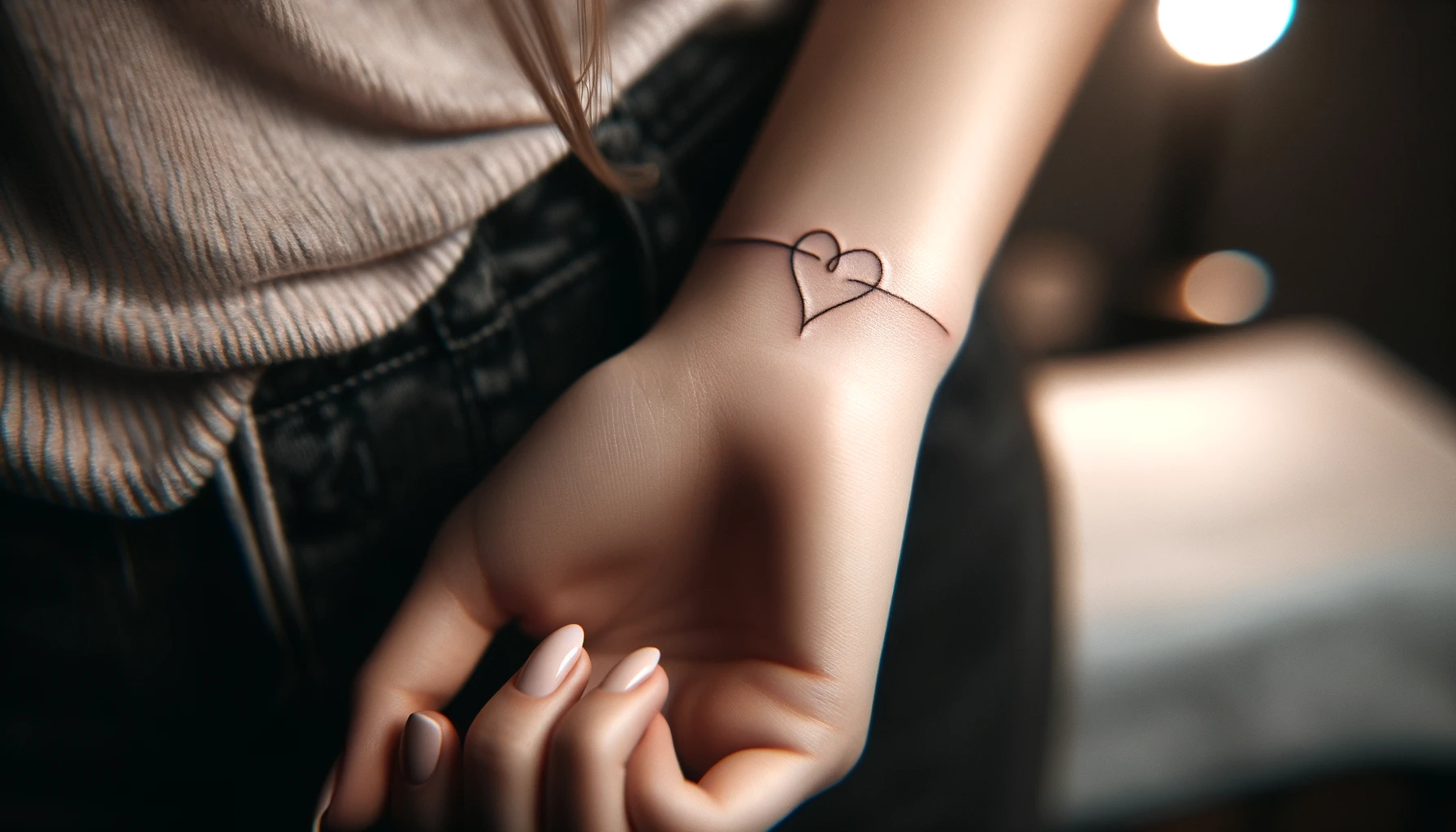 Tatuaż w kształcie serca umieszczony na nadgarstku delikatnie obejmuje skórę, tworząc subtelny i romantyczny akcent. Czyste linie tworzą dwie połączone linie, które formują zarówno symbol nieskończoności, jak i serce, wyrażając miłość lub głębokie przywiązanie. Skóra wokół tatuażu jest nieskazitelna i jasna, co pozwala wzorowi wyróżnić się. Osoba z tatuażem jest ubrana w casualowe ubrania i delikatnie dotyka swojego nadgarstka, co nadaje całej scenie spokojny nastrój