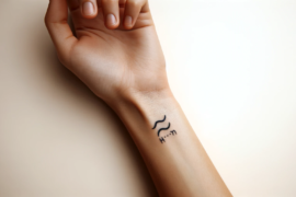 Minimalistyczny tatuaż z hebrajskimi literami jest wyraźnie widoczny na wewnętrznej stronie przedramienia. Czarne linie tatuażu tworzą wyraźny kontrast z jasną skórą, a delikatne krzywizny liter dodają wzorowi subtelnego uroku. Dłoń jest delikatnie zgięta w nadgarstku, co dodatkowo akcentuje tatuaż. Paznokcie są pomalowane na jasny, pastelowy kolor, który harmonijnie współgra z ogólnym, delikatnym wyglądem