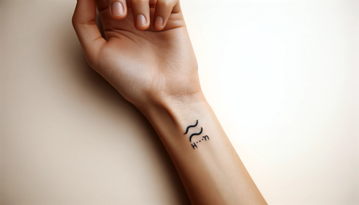 Minimalistyczny tatuaż z hebrajskimi literami jest wyraźnie widoczny na wewnętrznej stronie przedramienia. Czarne linie tatuażu tworzą wyraźny kontrast z jasną skórą, a delikatne krzywizny liter dodają wzorowi subtelnego uroku. Dłoń jest delikatnie zgięta w nadgarstku, co dodatkowo akcentuje tatuaż. Paznokcie są pomalowane na jasny, pastelowy kolor, który harmonijnie współgra z ogólnym, delikatnym wyglądem
