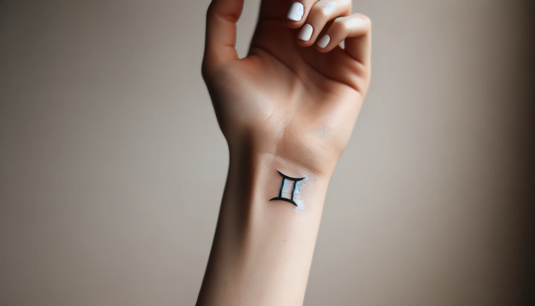 Ramię z subtelnym tatuażem w kształcie geminiowego symbolu zodiaku wyróżnia się na tle jednolitego tła. Czarne kontury symbolu są wypełnione bielą i delikatnymi cieniami, nadając głębi i trójwymiarowości. Skóra wokół tatuażu jest gładka i jednolicie jasna, co pozwala na wyraźne wyeksponowanie wzoru. Dłoń z dobrze wypielęgnowanymi, białymi paznokciami delikatnie się zaciska, co dodatkowo podkreśla elegancję i prostotę tatuażu