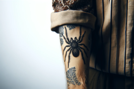 Tatuaż realistycznie przedstawiający pająka dominuje na przedramieniu, otoczony przez subtelne, roślinne wzory. Czarne, głębokie odcienie atramentu i precyzyjne linie nadają wzorowi wyraźny, trójwymiarowy wygląd