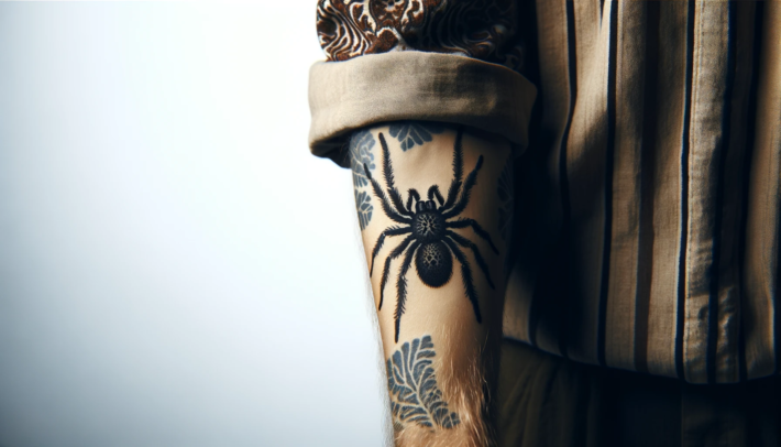 Tatuaż realistycznie przedstawiający pająka dominuje na przedramieniu, otoczony przez subtelne, roślinne wzory. Czarne, głębokie odcienie atramentu i precyzyjne linie nadają wzorowi wyraźny, trójwymiarowy wygląd