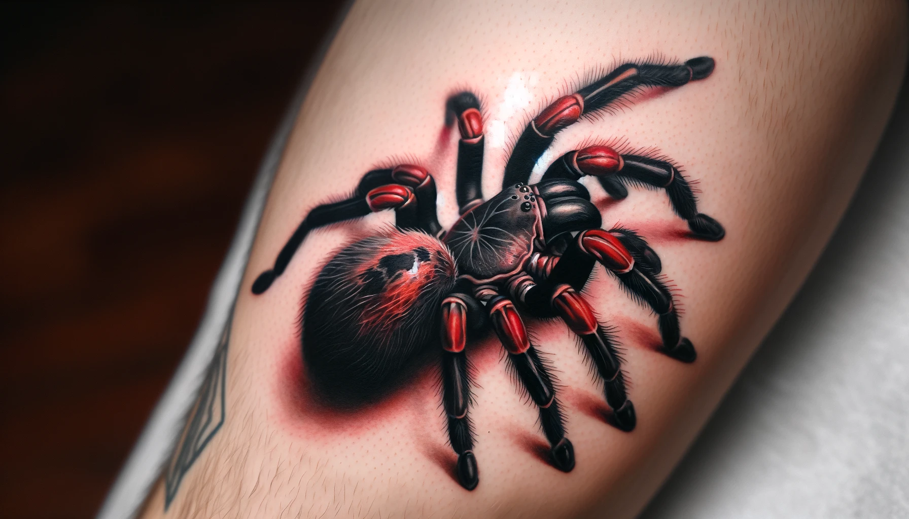 Tatuaż przedstawiający czarną tarantulę z czerwonymi akcentami na nogach sprawia wrażenie, jakby prawdziwy pająk przysiadł na skórze. Realistyczne detale i cienie nadają tatuażowi głębi, a otaczająca czerwona poświata dodaje dramatyzmu kompozycji