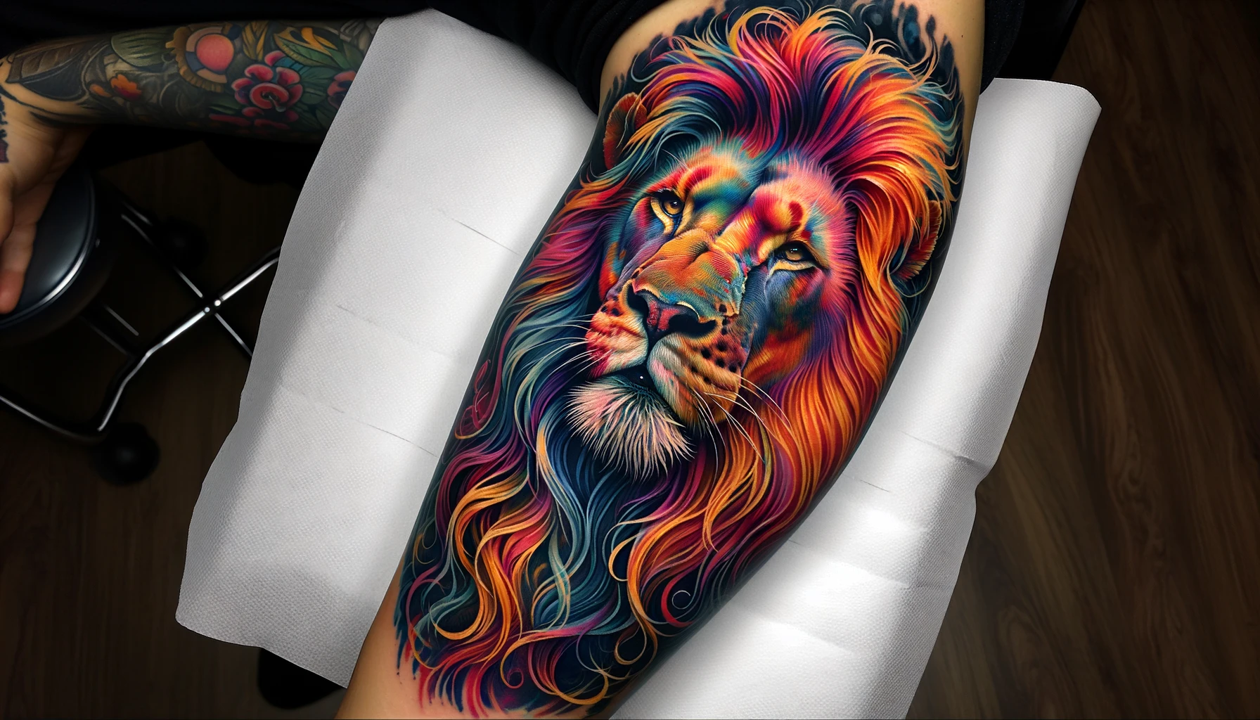 Tatuaż przedstawiający barwnego lwa w pełnym kolorze rozciąga się na ramieniu, z wibrującymi odcieniami pomarańczu, czerwieni i niebieskiego tworzącymi dynamiczną, prawie realistyczną grzywę. Jego przenikliwe spojrzenie i szczegółowe wykonanie sprawiają, że tatuaż wydaje się ożywać na skórze