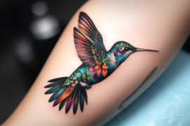 Tatuaż kolibra ożywa na skórze dzięki bogatej palecie barw i wyrafinowanym detalom, odzwierciedlającym piękno i dynamikę małego ptaka. Jego skrzydła i upierzenie wykazują imponującą grę światła i cienia, nadając wzorowi poczucie głębi i ruchu