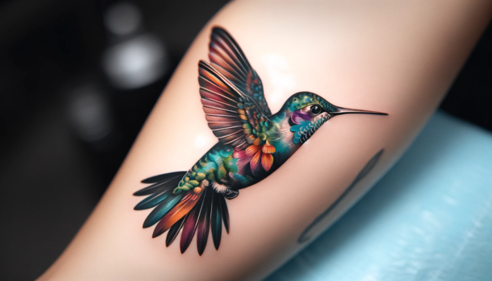 Tatuaż kolibra ożywa na skórze dzięki bogatej palecie barw i wyrafinowanym detalom, odzwierciedlającym piękno i dynamikę małego ptaka. Jego skrzydła i upierzenie wykazują imponującą grę światła i cienia, nadając wzorowi poczucie głębi i ruchu