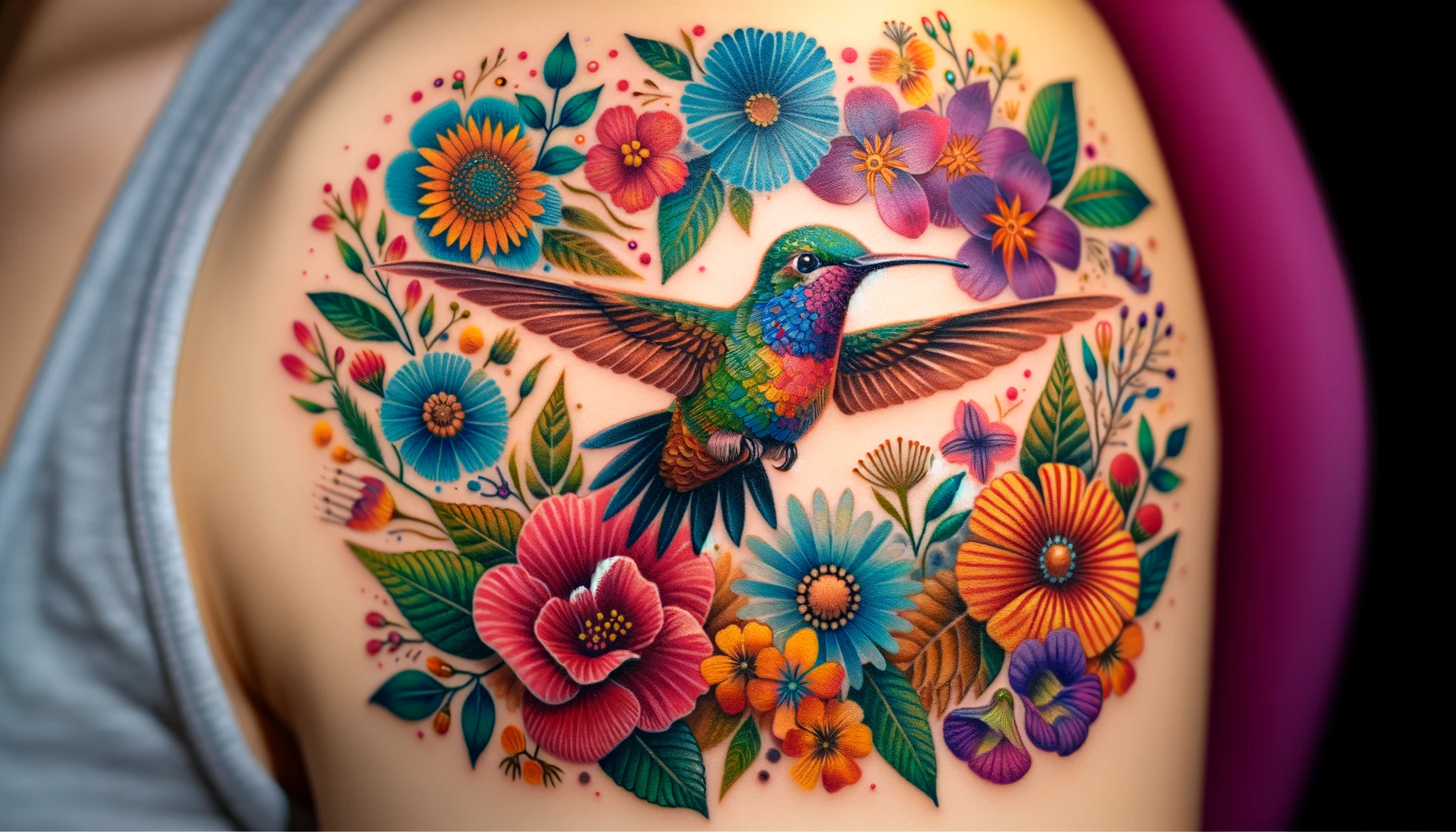 Tatuaż ożywia skórę kaskadą żywych kolorów i kwiatowych motywów z kolibrem w centrum kompozycji. Ptak jest otoczony przez bogate, wielobarwne kwiaty, które tworzą efekt pełen dynamiki i życia
