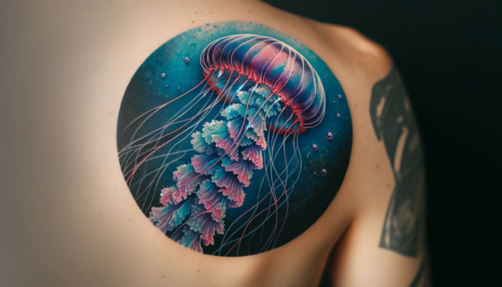 Tatuaż ukazuje kolorową meduzę z delikatnymi, prześwitującymi mackami, która unosi się na tle głęboko niebieskiego, oceanicznego tła. Efekt wizualny tworzy iluzję trójwymiarowości, nadając kompozycji życie i dynamikę