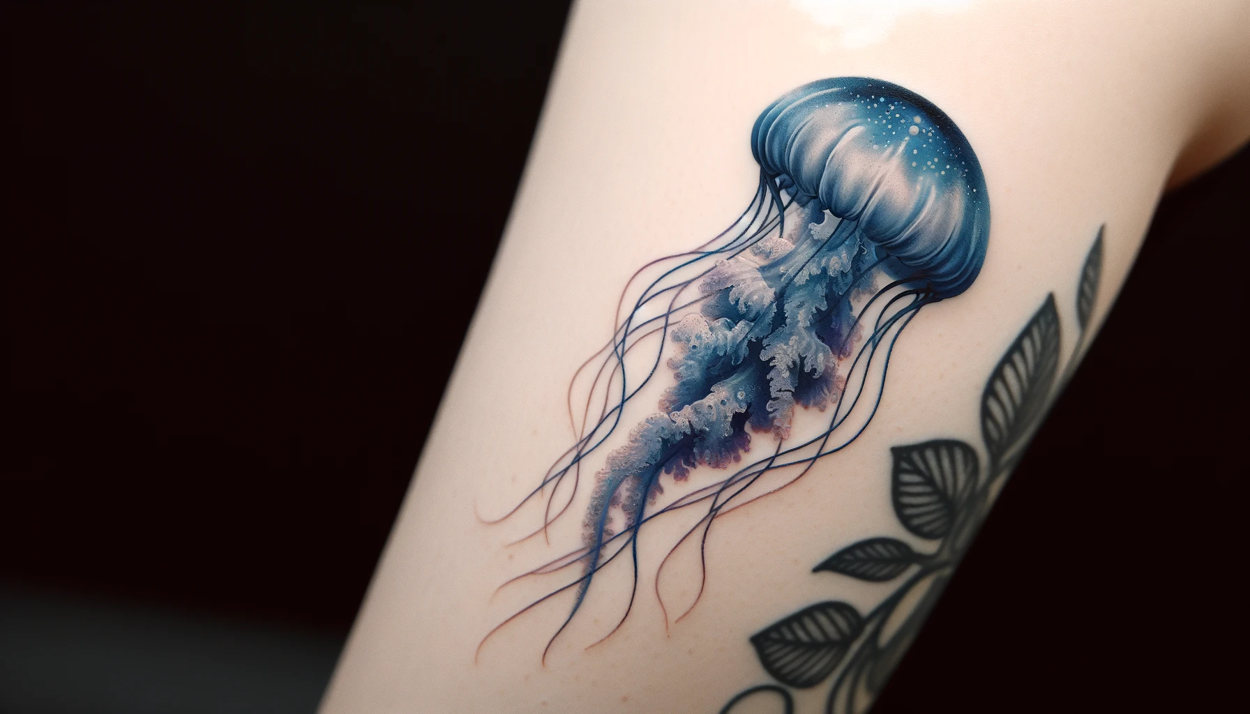 Tatuaż przedstawia delikatną meduzę z płynnymi, misternymi liniami macków i gradientem odcieni od błękitu do fioletu. Kontrastujące barwy i delikatne detale wzoru tworzą wrażenie lekkości i subtelności