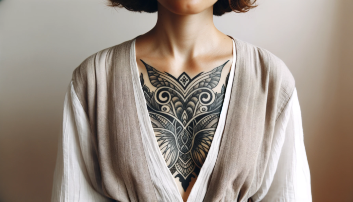 Kompleksowy tatuaż zdobi klatkę piersiową osoby, ukazując symetryczny, mandala-like wzór z rozbudowanymi detalami. Kontrast między ciemnym tuszem a jasną skórą tworzy wyraźny i artystyczny efekt