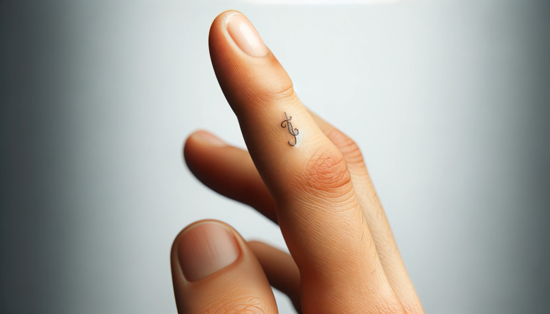 Na palcu widać delikatny tatuaż w kształcie klucza wiolinowego, który jest drobnym, ale wyrazistym akcentem. Jest to jedyny widoczny tatuaż na skórze