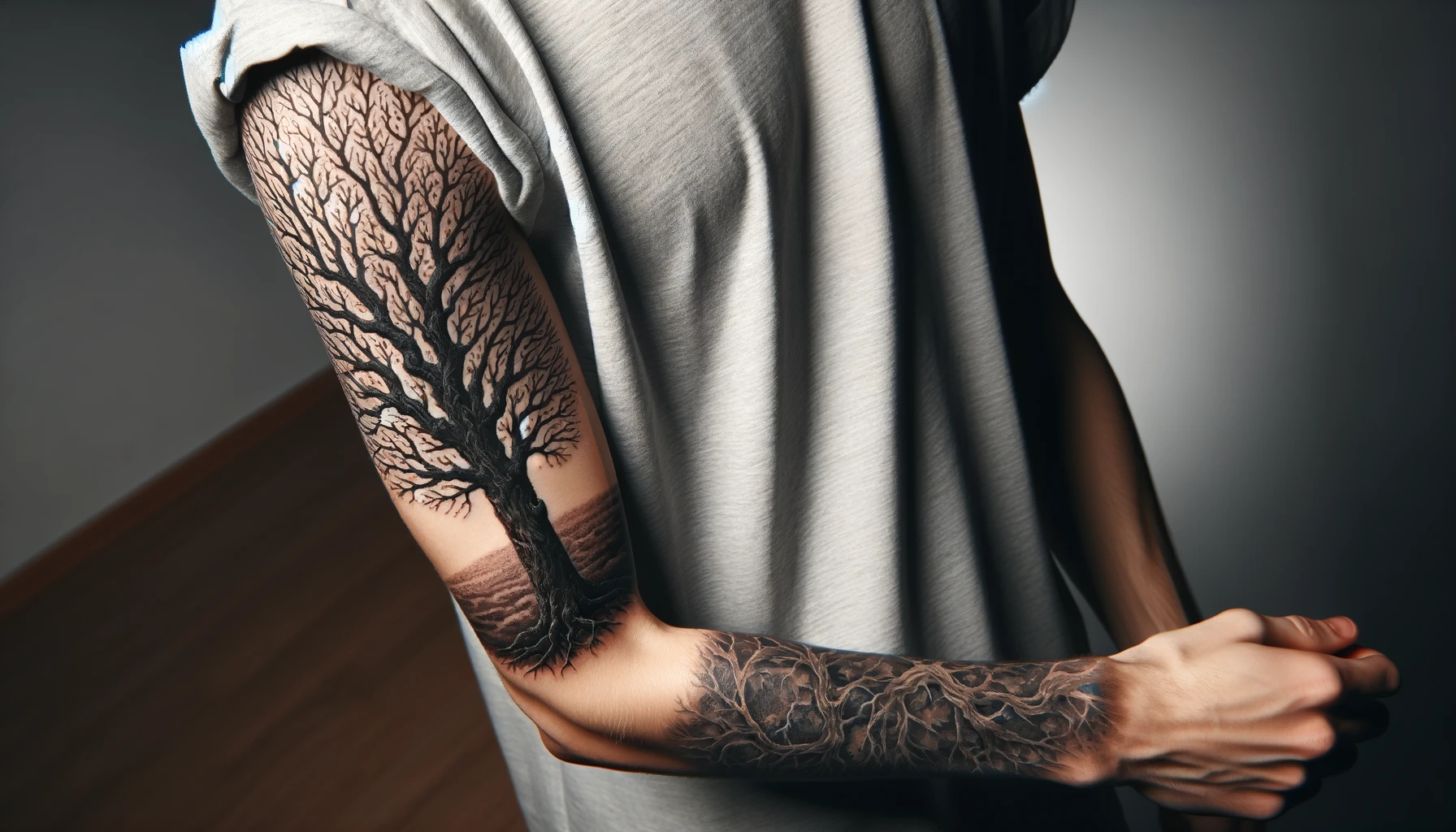 Tatuaż przedstawiający drzewo w stylu graficznym rozciąga się od ramienia do przedramienia osoby, prezentując bogaty detal korony i korzeni