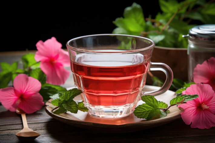 Na tym obrazku widzimy urokliwą filiżankę z aromatyczną herbatą z czerwonokrzewu, która zachwyca swoim głębokim, czerwonym kolorem i intensywnym smakiem. Liście czerwonokrzewu delikatnie unoszą się w gorącej wodzie, tworząc malowniczy widok i wprowadzając nas w stan błogiego relaksu. Ta wyjątkowa herbata, bogata w przeciwutleniacze i wolna od kofeiny, oferuje liczne korzyści zdrowotne, takie jak łagodzenie stresu i wspomaganie układu odpornościowego, co sprawia, że jest ulubionym napojem wielu miłośników herbaty na całym świecie
