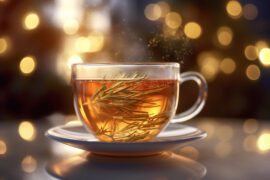 Na tym obrazku widzimy urokliwy krajobraz, gdzie w pierwszym planie znajduje się filiżanka pełna aromatycznej herbaty z rozmarynu, która wzbudza apetyt swoim intensywnym zapachem i pięknym złocistym kolorem. Rozmaryn, wkładający swoje liście do naparu, nadaje herbacie unikalnego smaku o delikatnych nutach ziołowych, tworząc doskonałe połączenie zdrowia i przyjemności. Ta herbata z rozmarynu nie tylko cieszy oczy, ale także dostarcza niezwykłego doznania smakowego i korzystnych właściwości dla zdrowia